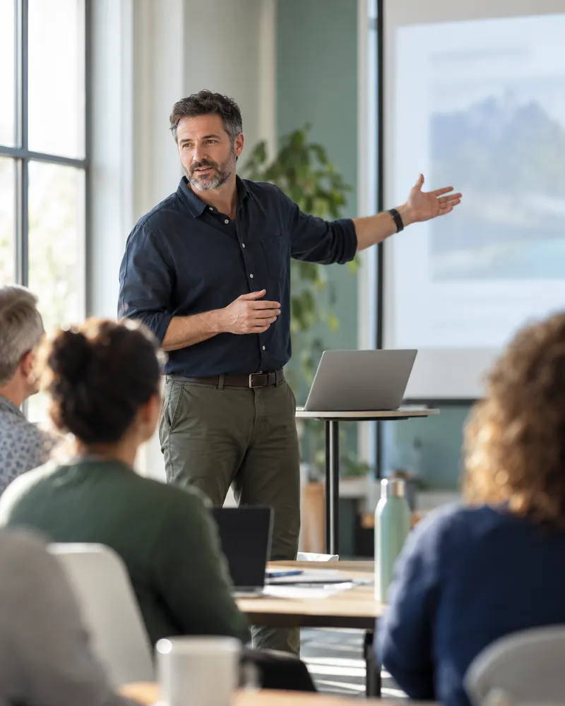 A teacher presenting a lesson from a laptop in a bright room
