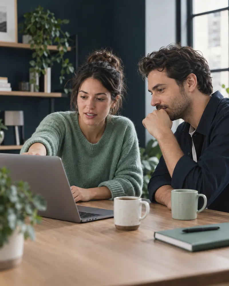 Two colleagues reviewing a product demo on a laptop