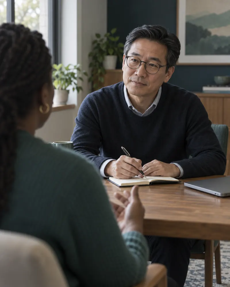 An interviewer with a notebook, listening across a table
