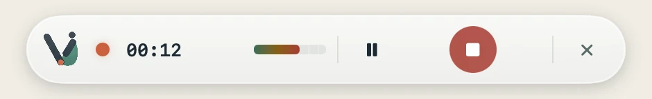 Vida's floating recording controller with pause and stop buttons
