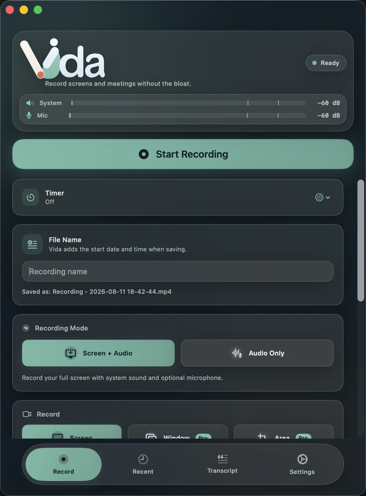 Vida's Record tab set to Screen and Audio with system audio and microphone selected