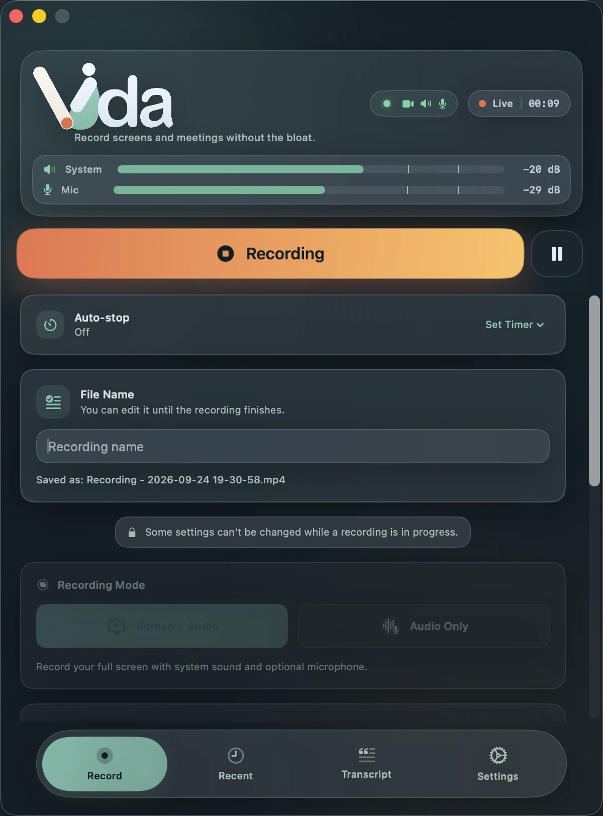 Vida's Record tab during a recording, with the REC health badge showing video, speaker and microphone confirmed