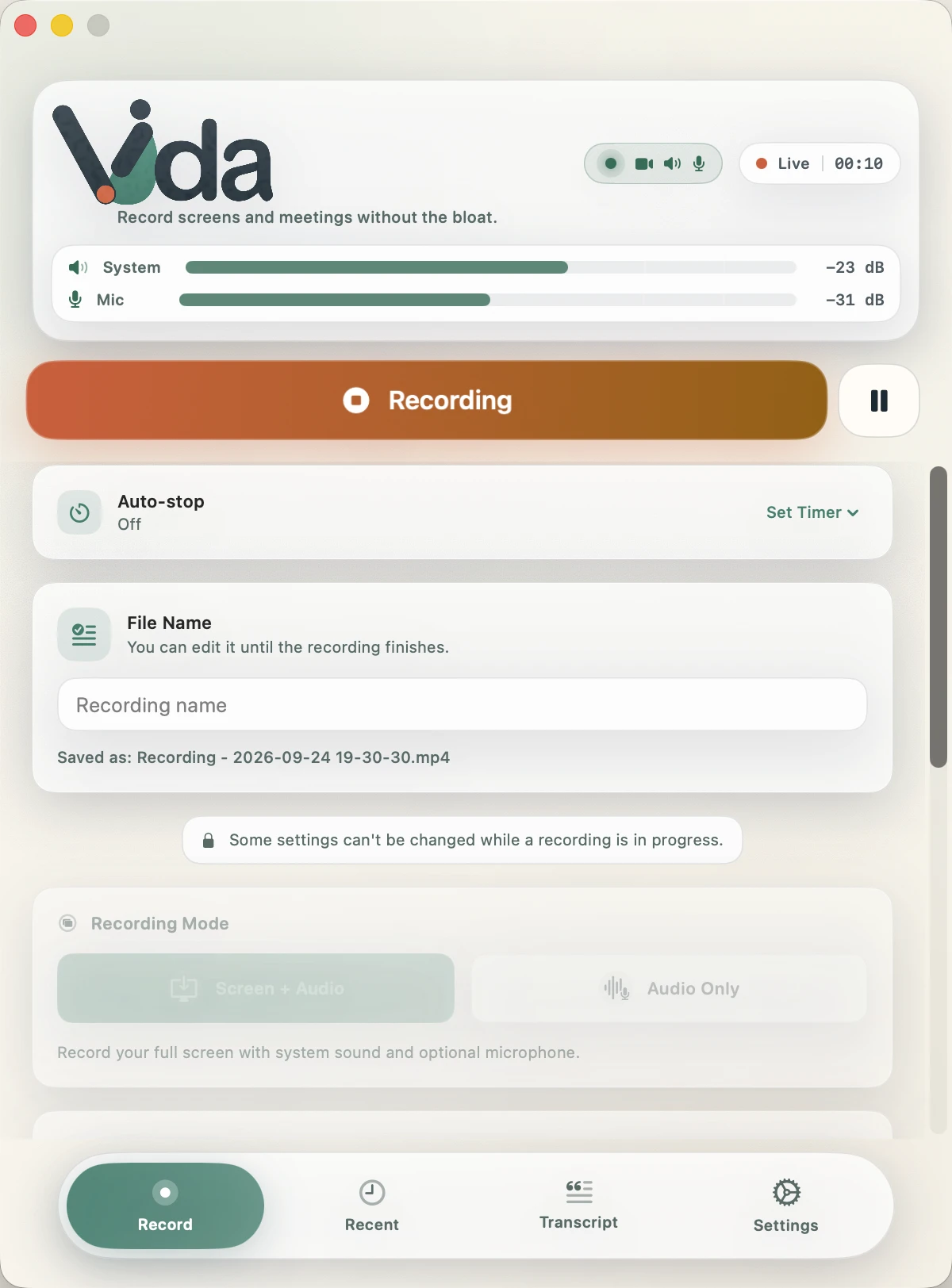 Vida's Record tab during a recording, with the REC health badge showing video, speaker and microphone confirmed